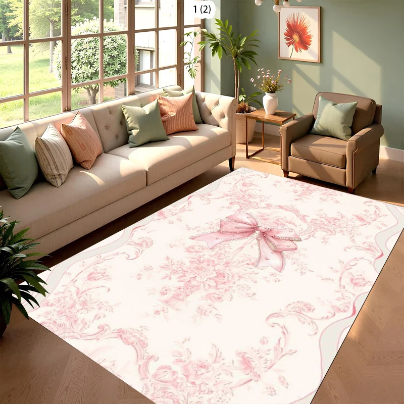 Französischer Luxus-Teppich mit Rosa Schleife und Rosenmuster, Vintage Barock Viktorianischer Rutschfester Teppich, Prinzessinnen-Wohnzimmerteppich für Mädchenzimmer Image