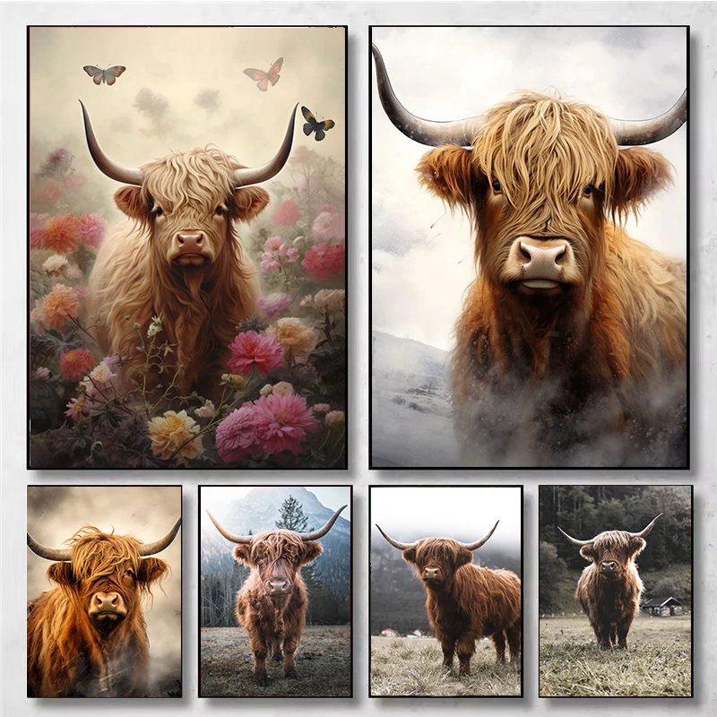 Schottisches Highland-Rind Wildes Tier Nordische Natur Landschaft Poster Diamantmalerei Wandkunst Bilder für Zimmer Zuhause Bauernhaus Deko Image