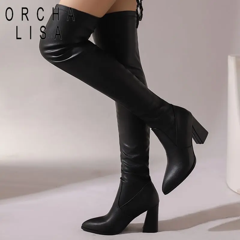 ASILETO 2025 Heiße Damen-Overknee-hohe Stiefel mit scharfen Zehen und Blockabsätzen, 8,5 cm, einfach zu Übergröße, 46 47 48 49 50, elastischer Oberschenkel-Bota Image