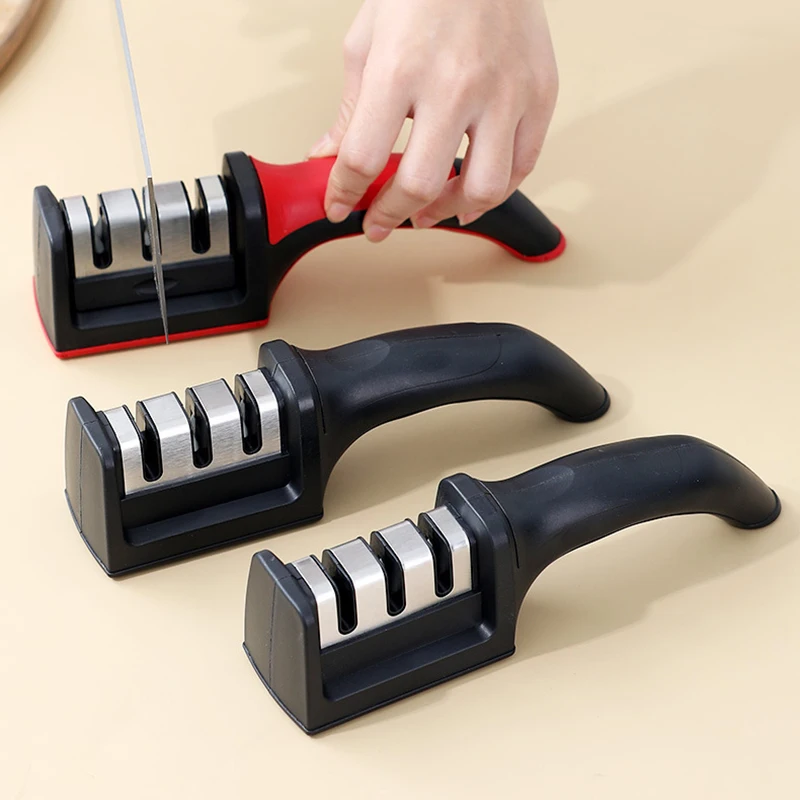 Messerschärfer Handheld Multifunktions-3 Stufen Typ Schnellschärfwerkzeug mit rutschfester Basis Küchenmesser Zubehör Gadget Image