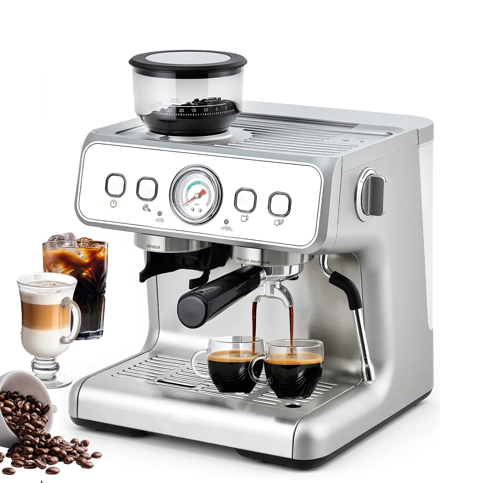 Halbautomatische Espressomaschine 20 Bar Kaffeemaschine mit integriertem Kaffeemühle, Milchaufschäumer und Dampfdüse für Cappuccino und Latte Image