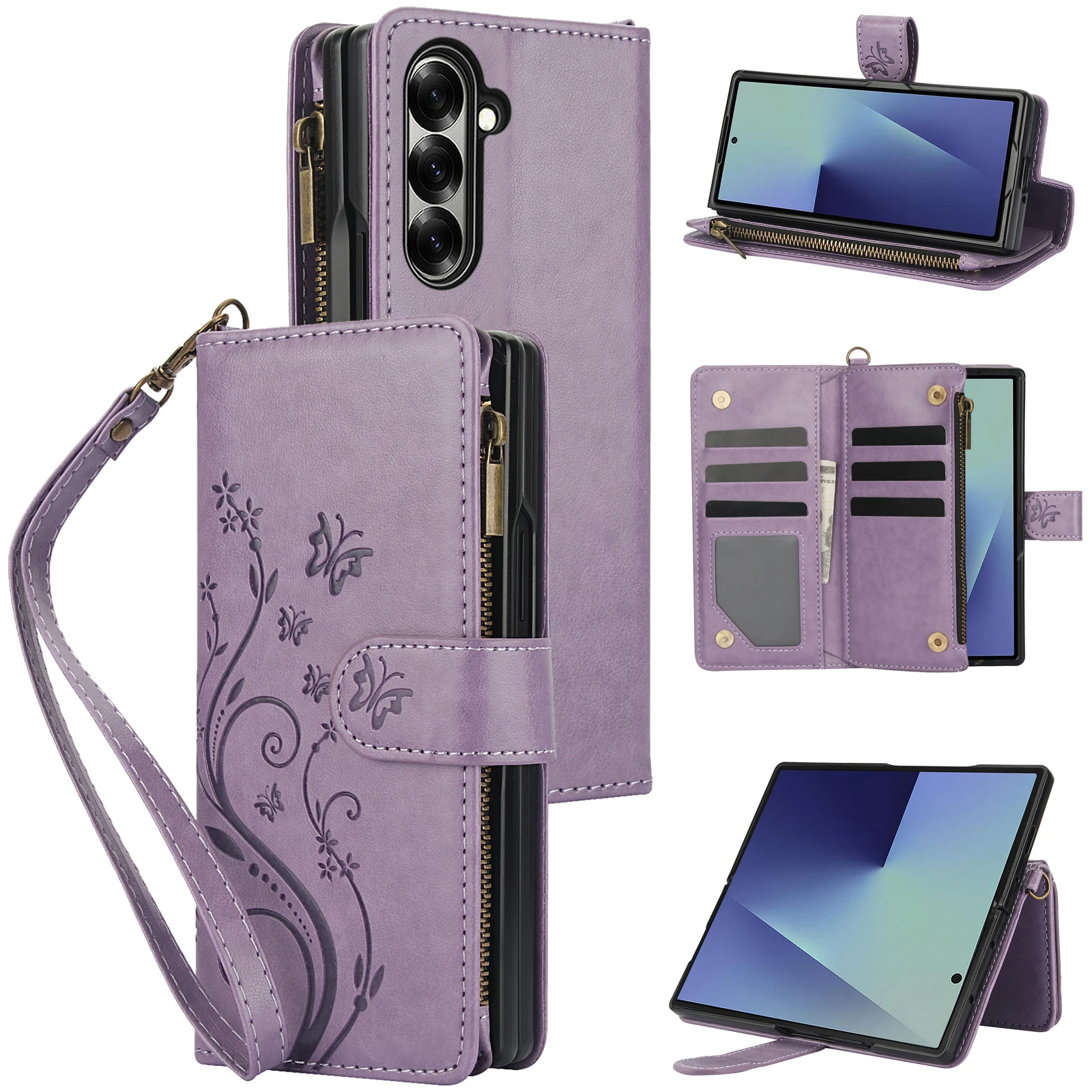 Handgelenkriemen Leder Reißverschluss-Brieftasche Kartenfach Handyhülle für Samsung Galaxy Z Fold 7 6 5 4 3 Fold6 Fold5 Fold4 Flip Stand Cover Image