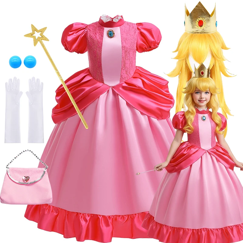 2026 Mädchen Elegantes Abendkleid Rosa Prinzessin Peach Ballkleid Film-Performance Peach Cosplay Kostüm Geburtstagsoutfit