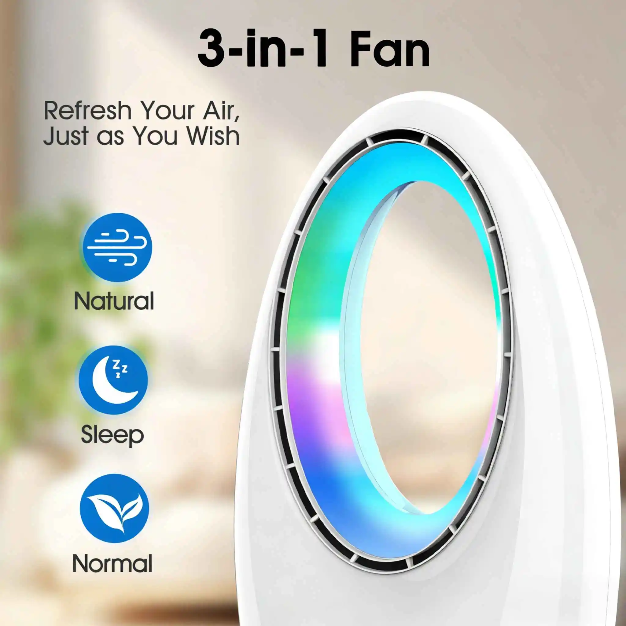 Blattloser 3-in-1-Turmventilator mit LED-Licht und Fernbedienung 60 ° Oszillierender, leiser Luftkühler mit Touch-Steuerung Image