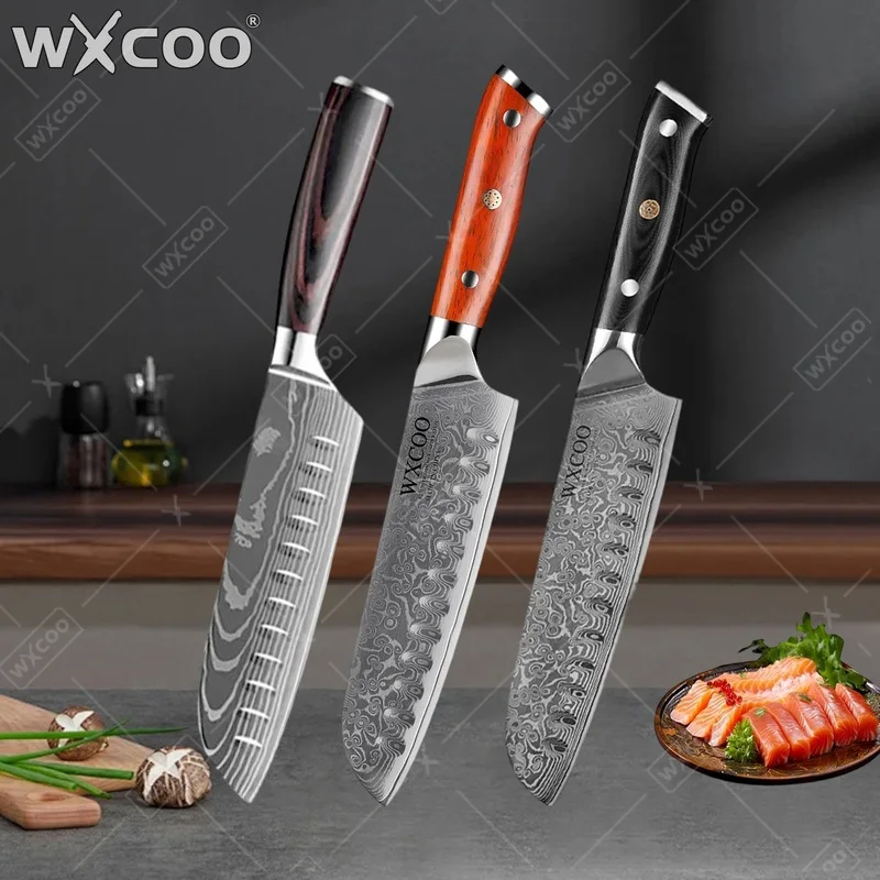 WXCOO 7-Zoll Japanisches Santoku-Messer aus Damaszener Stahl, 67-lagiger VG10 Küchenchefmesser, Kochutensilien, Gemüse- und Obstschälmesser Image