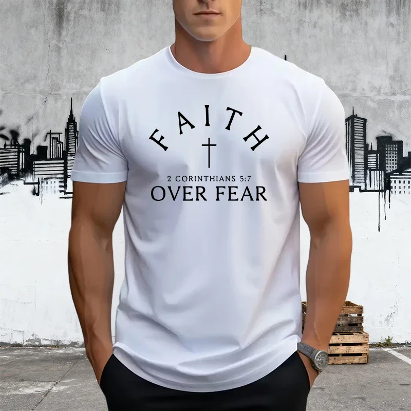 2026 Neuerscheinung Herren Freizeit T-Shirt mit 'Faith Over Fear' Aufdruck Kurzarm-Oberteil Sommer Männer Heim- und Outdoor-Komfort Weiche T-Shirts S-3XL Image