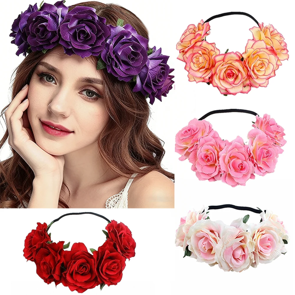 Böhmisches Künstliches Rosen-Blumen-Haarband für Frauen, Elastisches Blumen-Haarband für Hochzeit Festival Party, Blumen-Haaraccessoires Image