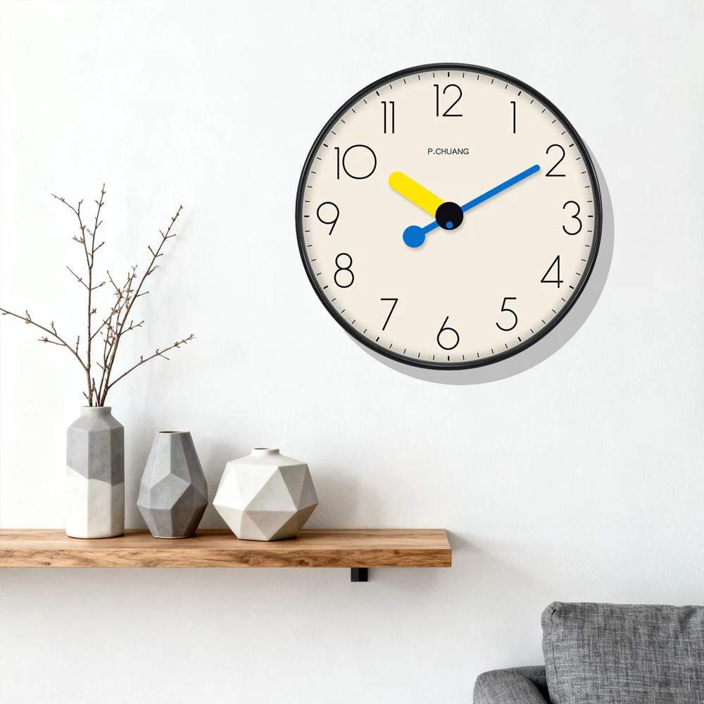 Moderne minimalistische Wanduhr, geräuschlose Quarzuhr, bunte Zeiger, roségoldener/schwarzer Rahmen für Kinderzimmer, Wohnzimmer, Zuhause