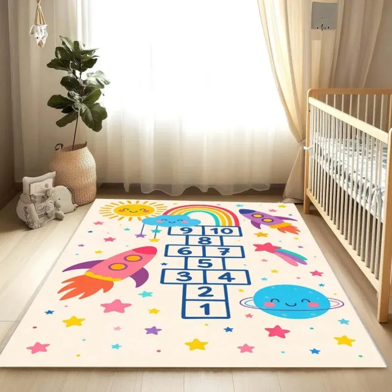 Hopscotch Kinder-Spielmatte, Lernmatte mit Zahlen, Weltraum-Kinderzimmerteppich, Babyzimmer-Dekoration, Raketen-Spielteppich, Kinderteppich