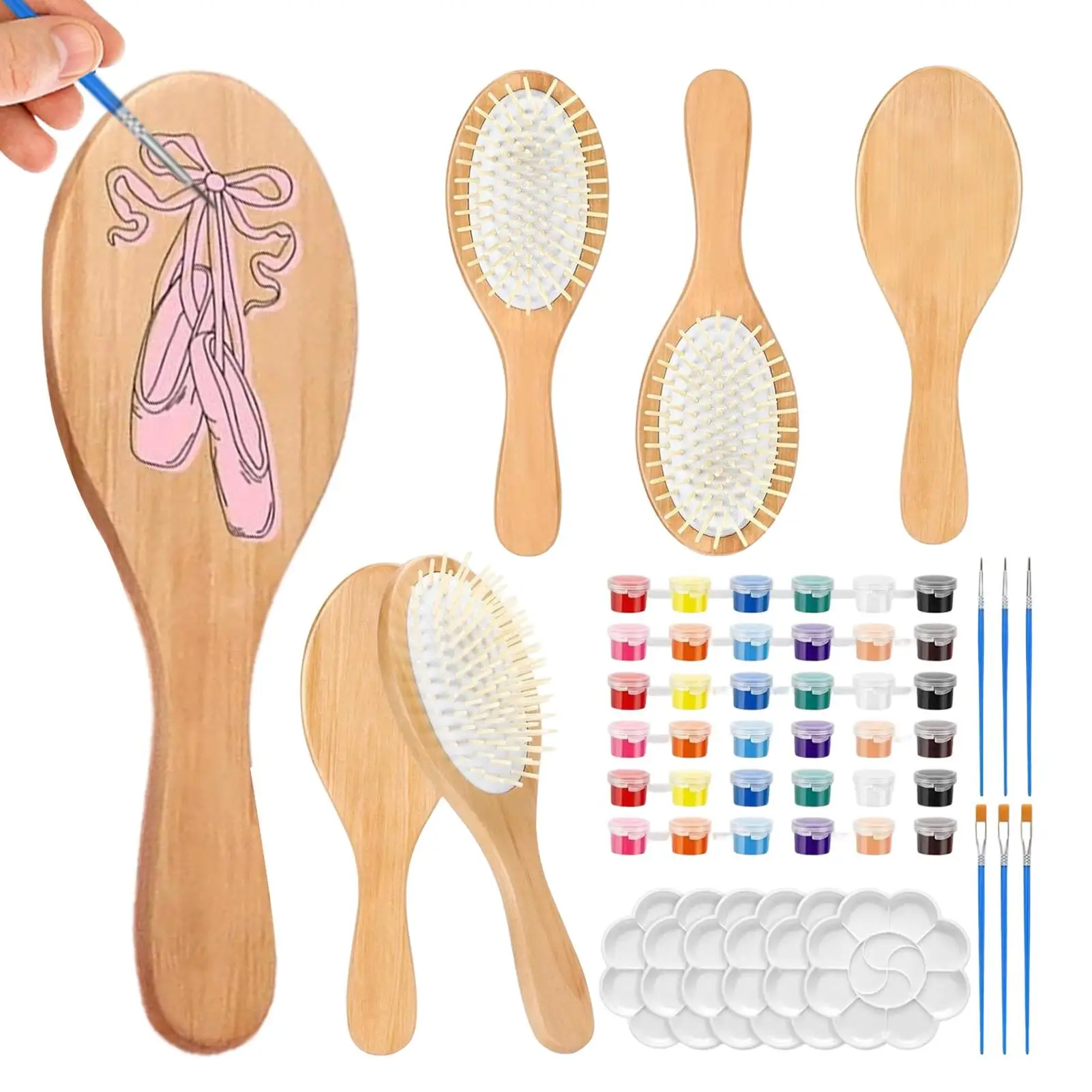 Haarbürsten-Set 6-teilig DIY Holz-Haarbürsten-Malset mit Mehrfarbigen Stiften Gestalten Sie Ihre Eigene Haarbürste Holz-Haarkamm Bastelset Image