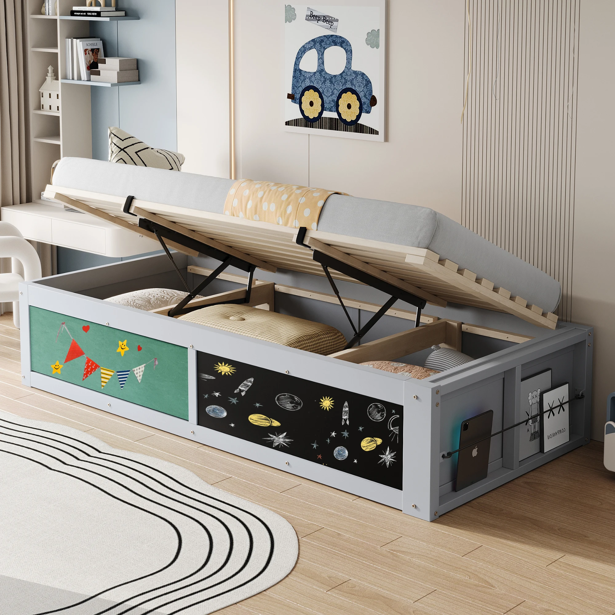 okwish Kinderbett 90x200 mit Schreibplatte, Kreidetafel, Grau Image