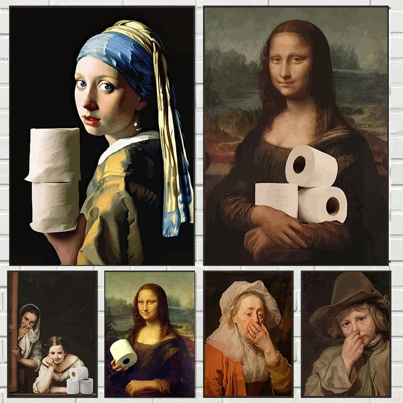 Lustige Mona Lisa trägt Perlen Mädchen Badezimmer Toilette Dekoration Malerei Rollenpapier Leinwanddrucke Poster Home Wall Decor Bild Image
