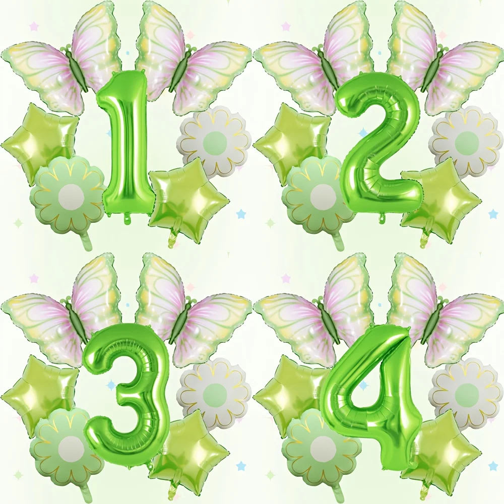 7-teiliges grünes Schmetterlings-Geburtstagsballons-Set – Folienballons mit Zahlen 1–9, Gänseblümchenballons und Schmetterlingsdekoration, perfektes Geburtstagsparty-Zubehör Image