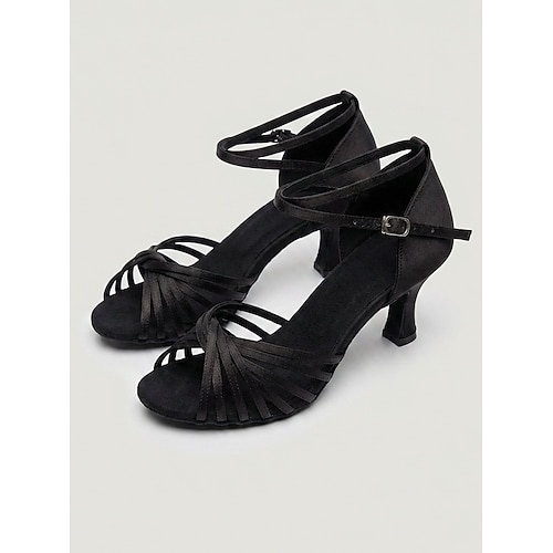 Rote Satin-Lateintanzschuhe für Damen – offene Salsa-Ballsaalschuhe mit gekreuzten Riemen, professionelles Training Leistung Image