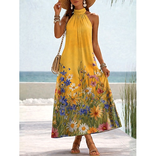Damen Maxikleid Sommerkleid A Linie Kleid Urlaub Strand Lässiger Schnitt Blumen Grafik Ärmellos Neckholder Blau Gelb Rosa Sommer Frühling Image