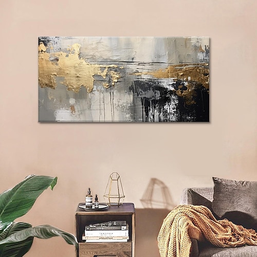 Handgemaltes Ölgemälde auf Leinwand, modernes, schlichtes abstraktes Gemälde in Grau und Gold für die Wanddekoration, gerollt, rahmenlos, ungespannt. Image