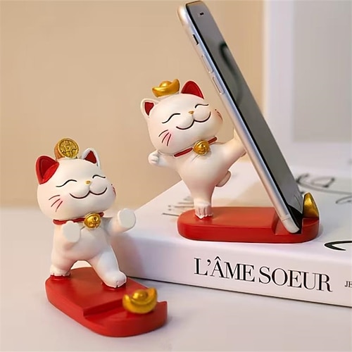 Smartphone-Ständer mit Glückskatze, niedliche Kawaii-Maneki-Neko-Figur als Handyhalter für den Schreibtisch, tragbare Handyhalterung fürs Büro, Geschenk für Wohlstand und Glück für Sie und Ihn,