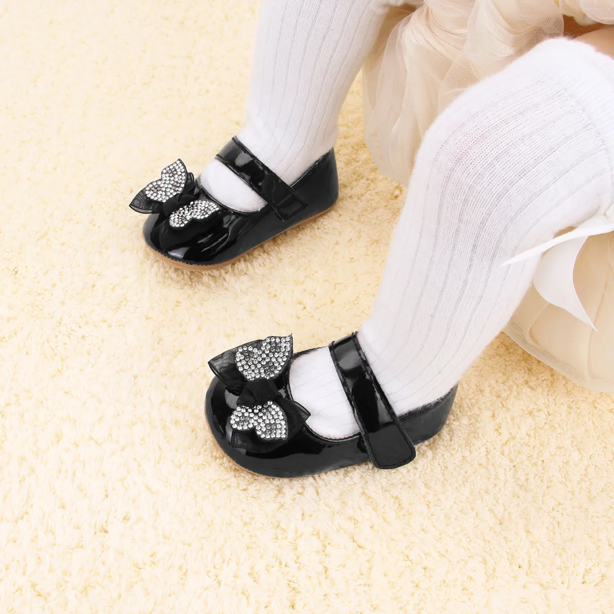 Lässige, niedliche Mary-Jane-Schuhe mit Strass-Schleifenverzierung für Babymädchen, leichte, rutschfeste Wanderschuhe für Frühling und Herbst