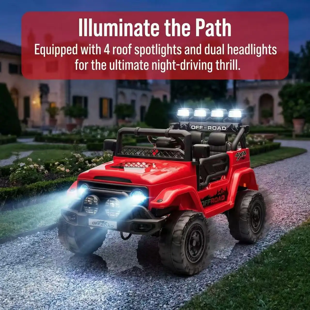 12V Offroad-Elektroauto-Spielzeug für Kinder ab 3 Jahren, mit LED-Lichtern, Fernbedienung, Sicherheitsgurt, Bluetooth, 3 Geschwindigkeiten, Federung Image