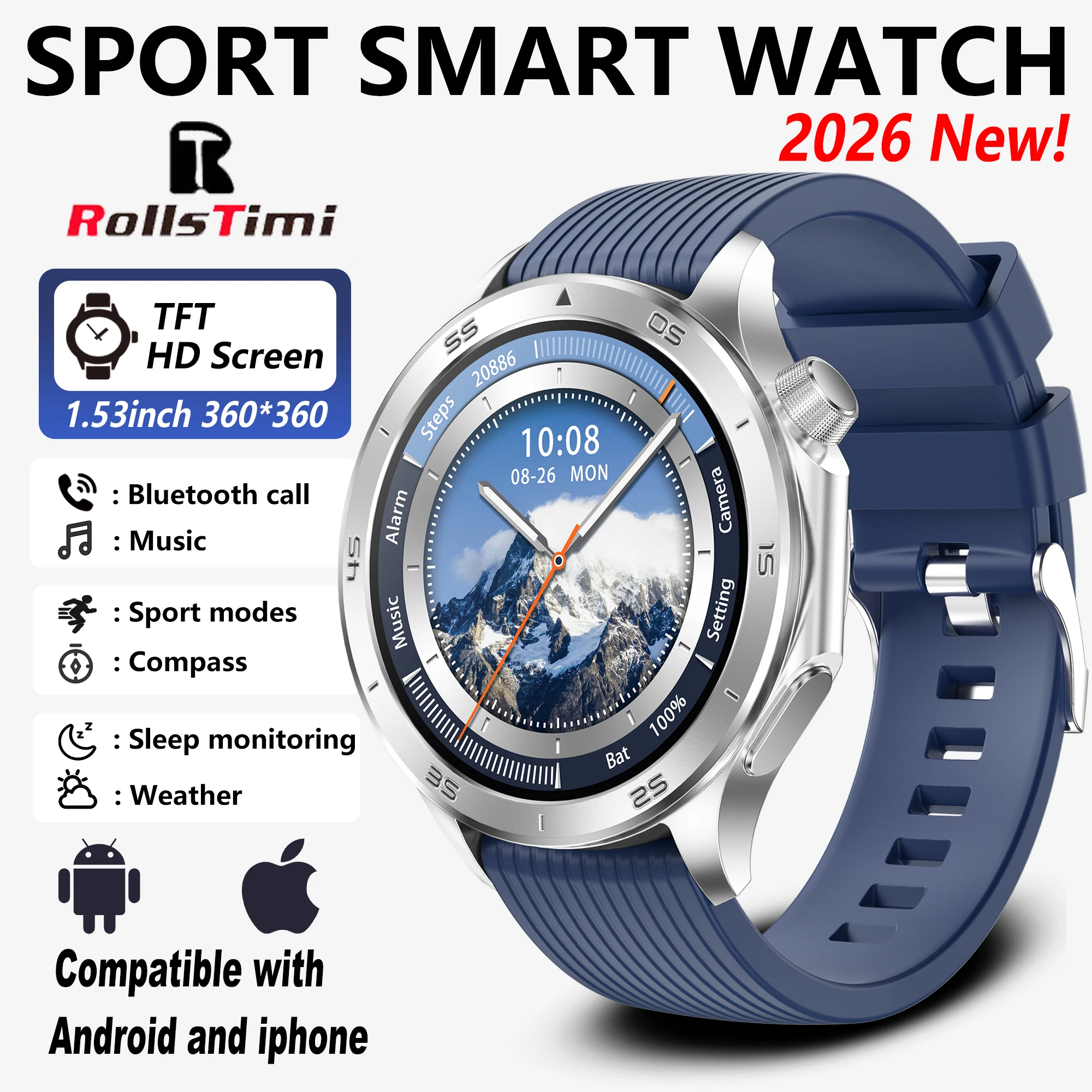 2026 neue Smartwatch mit 1,53 Zoll HD-Großbildschirm unterstützt Bluetooth-Anrufe, mehrere Sportmodi und Kompass-Gesundheitsüberwachung Image