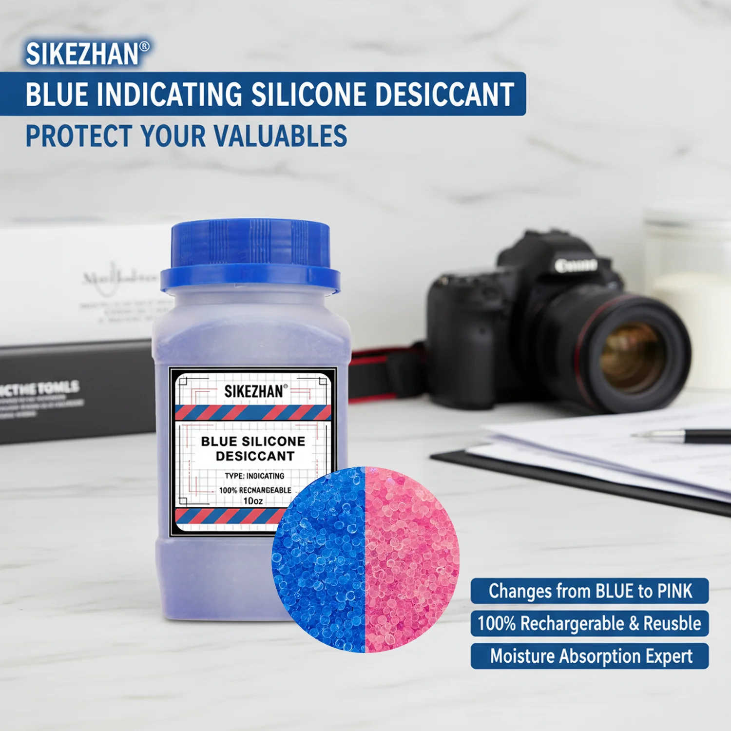 Wiederverwendbare blaue Silikagel-Trockenmittelperlen, 3–5 mm, die Feuchtigkeitsabsorber-Trockenpackungen anzeigen, wiederaufladbarer Luftentfeuchter in Blau bis Rosa Image