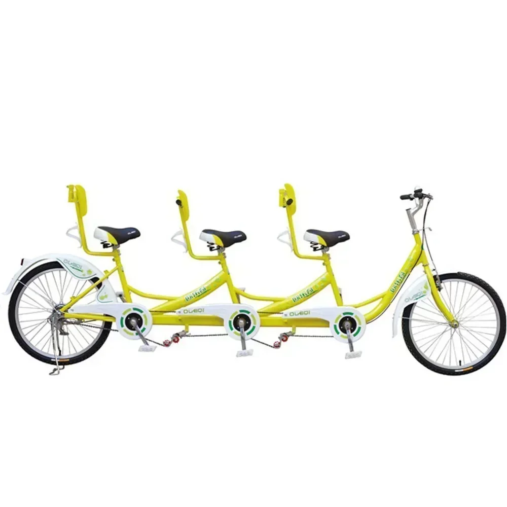 Tandem-Fahrrad, Beach-Cruiser-Fahrrad für Erwachsene, 3-Fahrer-Fahrrad, 20/24/26-Zoll-Räder, Stahlrahmen, Legierungs-V-Bremse, Gelb/Rot/Grün