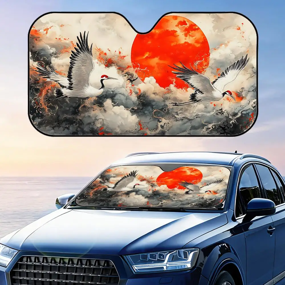 Japanische Kranich-Kunst-Sonnenblende, wiederverwendbarer Sonnenschutz aus Aluminiumfolie für das Auto, UV-Schutz, Wärmeisolierung, Windschutzscheibenabdeckung Image