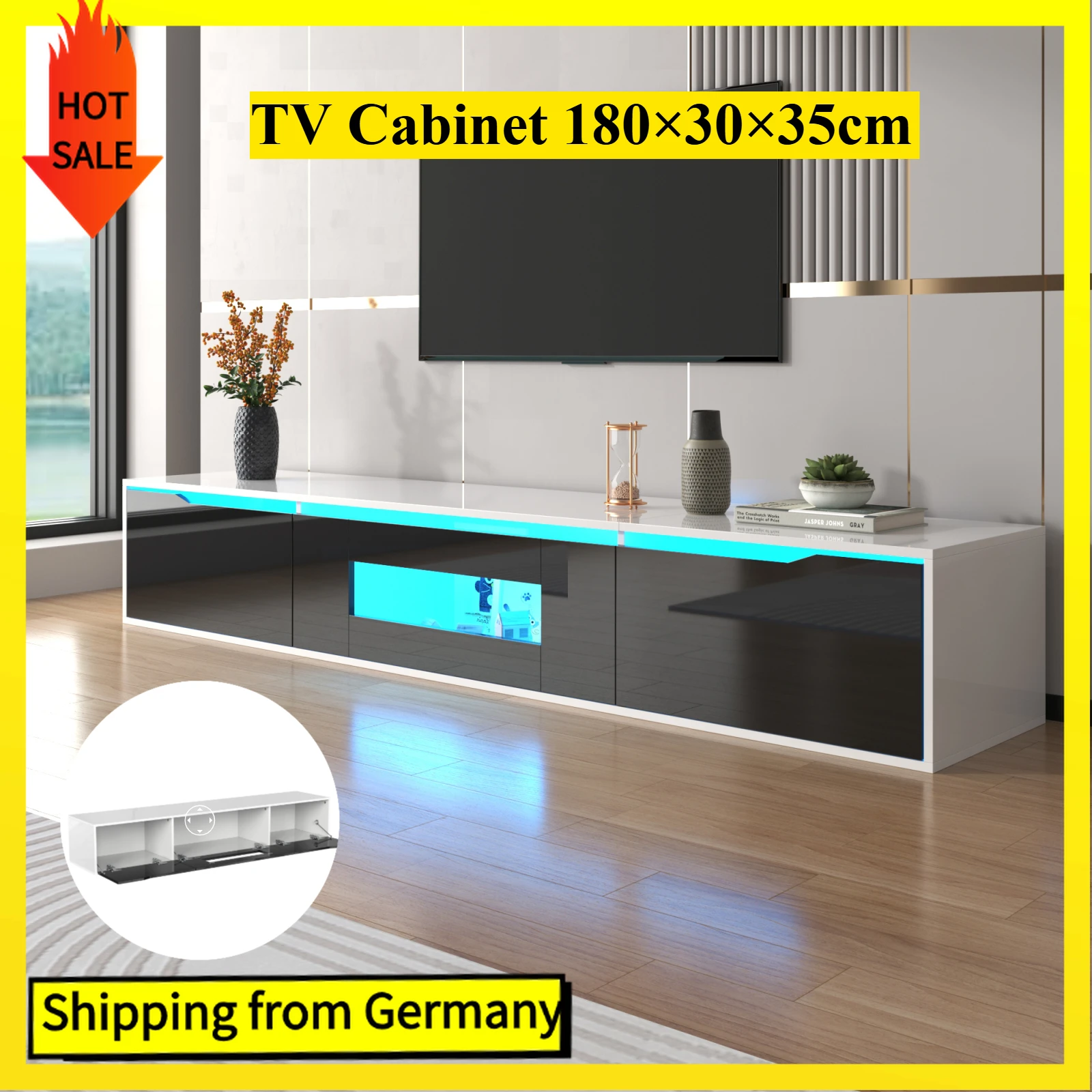 Comanlai 180 cm Hochglanz-TV-Schrank mit farbwechselnder LED-Beleuchtung, TV-Ständer für Wohnzimmer, Schwarz 180 x 30 x 35 cm Image