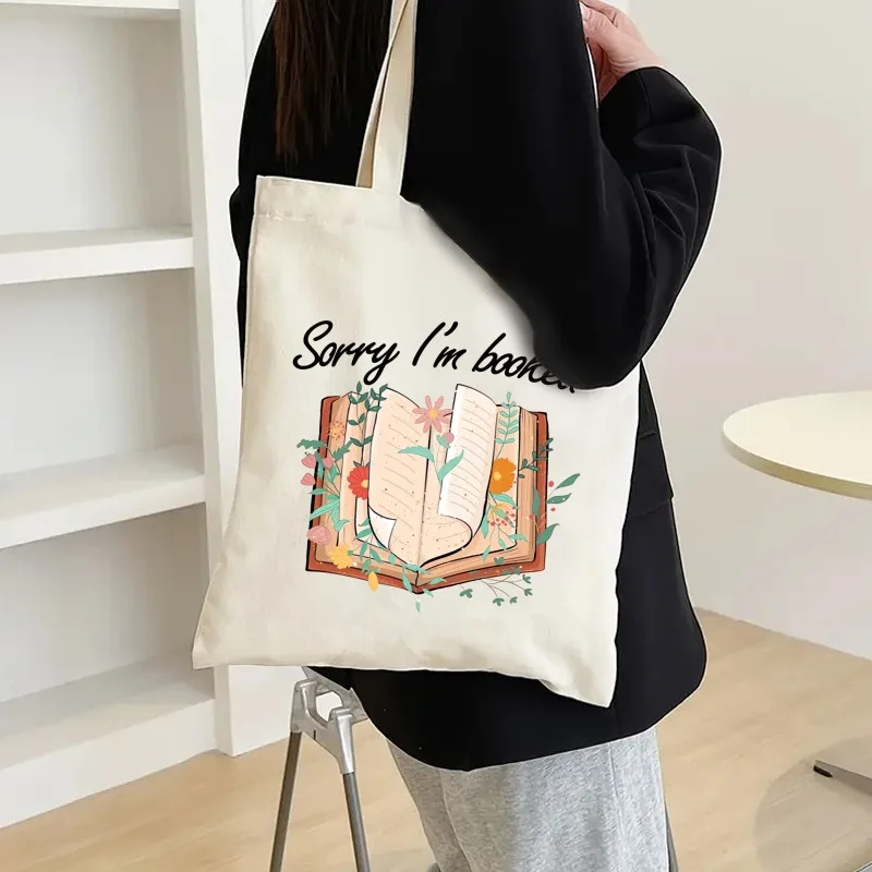 Damen-Schultertasche aus Segeltuch, niedliche Ratte, offenes Buch, Blumenmuster, handgeschrieben, literarisch, lässig, Grafikdruck, Tragetaschen für Damen Image