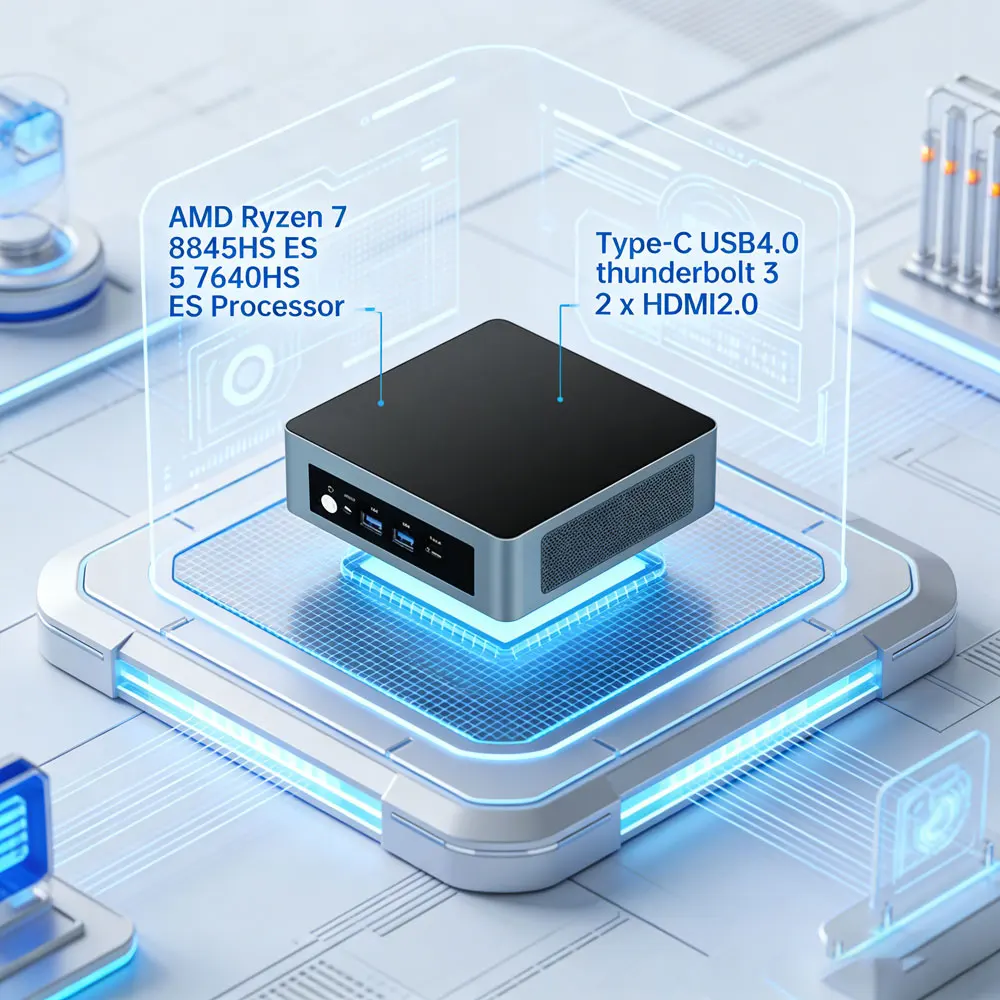 Mini PC AMD Ryzen 7 8845HS ES 5 7640HS ES Mini Computers 2x DDR5 2xLAN NVMe USB4 2*HDMI for Home/Business Mini Desktop Computers