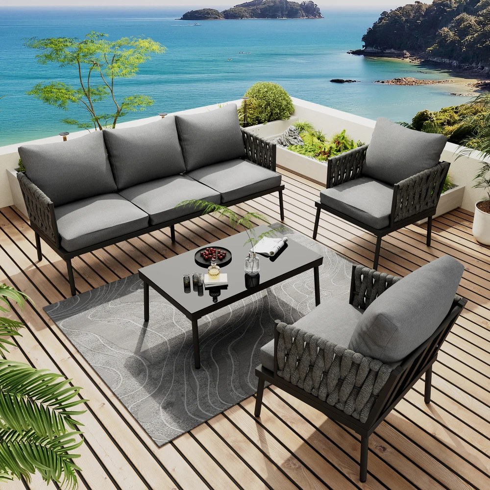 Garten-Lounge-Set 3-Sitzer-Sofa 2 Sessel Couchtisch Geflochtenes Seil Verzinkter Stahl Glasplatte Outdoor-Terrasse Image