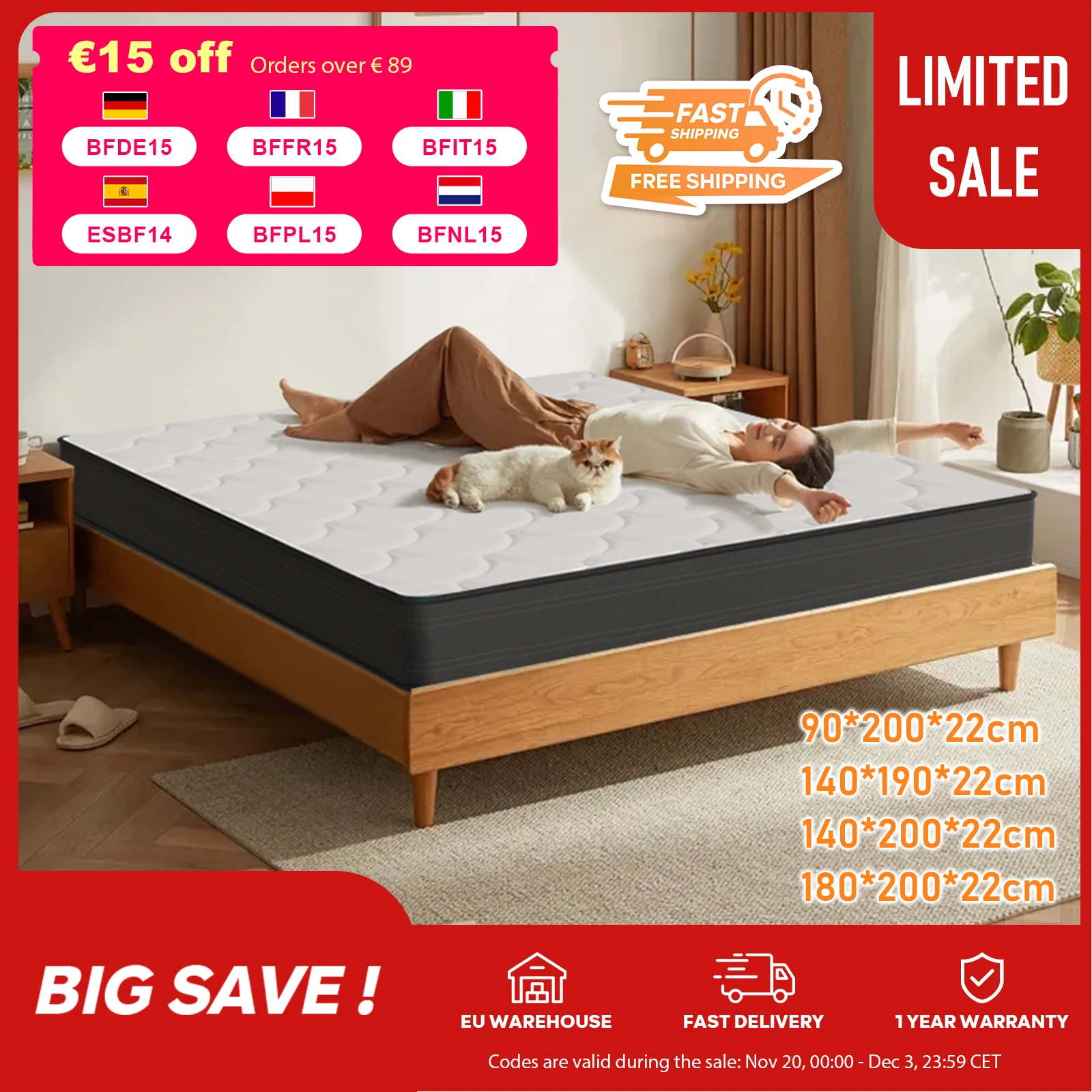 Taschenfederkernmatratze 22 cm – 7-Zonen H3 Matratze mit Komfortschaum und stabiler Unterstützung