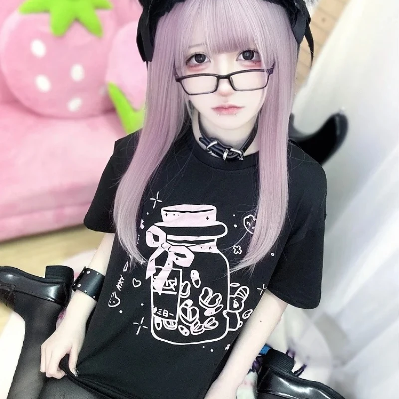 Neues schwarzes, dunkles, gotisches T-Shirt aus reiner Baumwolle mit kurzen Ärmeln und Medizinflaschenmuster, bedruckt, für Kinder/Erwachsene, modisch, lässig, locker, weich Image