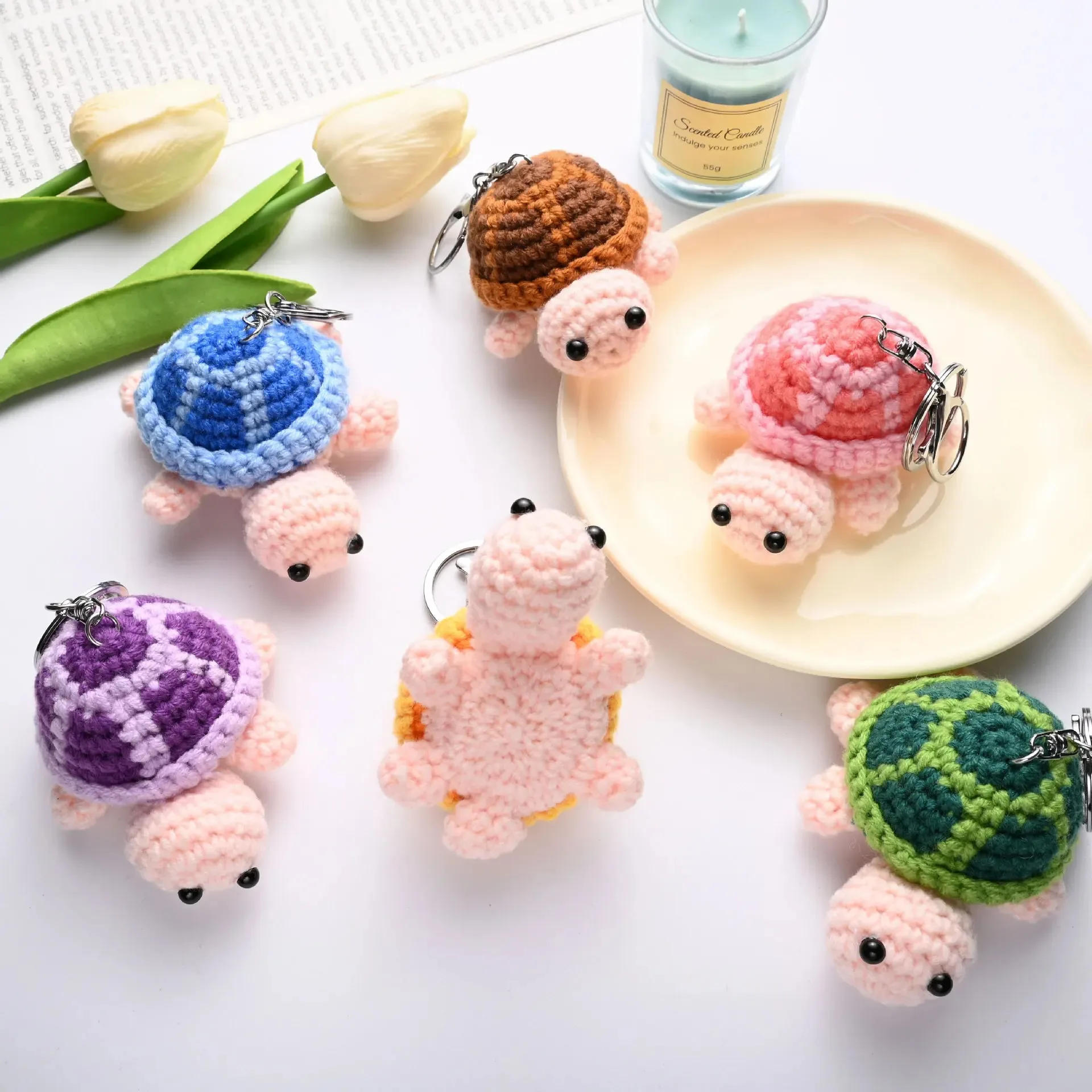 Damen-Anhänger, niedlicher Schildkröten-Schlüsselanhänger, Mini, lustig, für Kawaii-Mädchen, Cartoon-Schildkröte, aus Wolle gehäkelte Puppe, Schlüsselanhänger, Rucksack-Anhänger Image