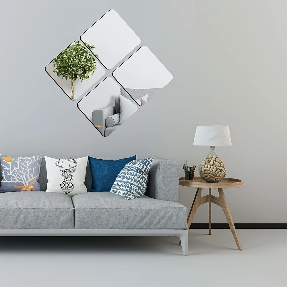 6/12 Stück 4 Zoll 2D Quadratische Abgerundete Acryl-Wandspiegel Selbstklebende Wandspiegel für Zuhause, Fitnessraum, Schlafzimmer, Badezimmer Dekorative Wandspiegel