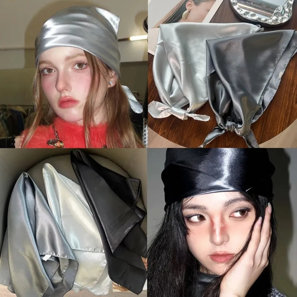 Modischer Y2K Kopftuch-Hut aus PU-Leder im Punk-Stil, Hip-Hop Halstuch, Glitzerndes Quadratisches Tuch, Bandana-Schal
