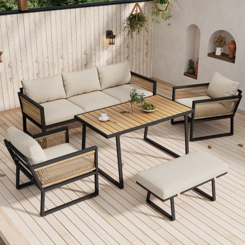 5-teiliges Garten-Essgruppen-Set: 3-Sitzer-Sofa, 2 Sessel, Hocker, Esstisch mit Kunststoffholzplatte, geflochtenem Seil und verzinktem Stahl