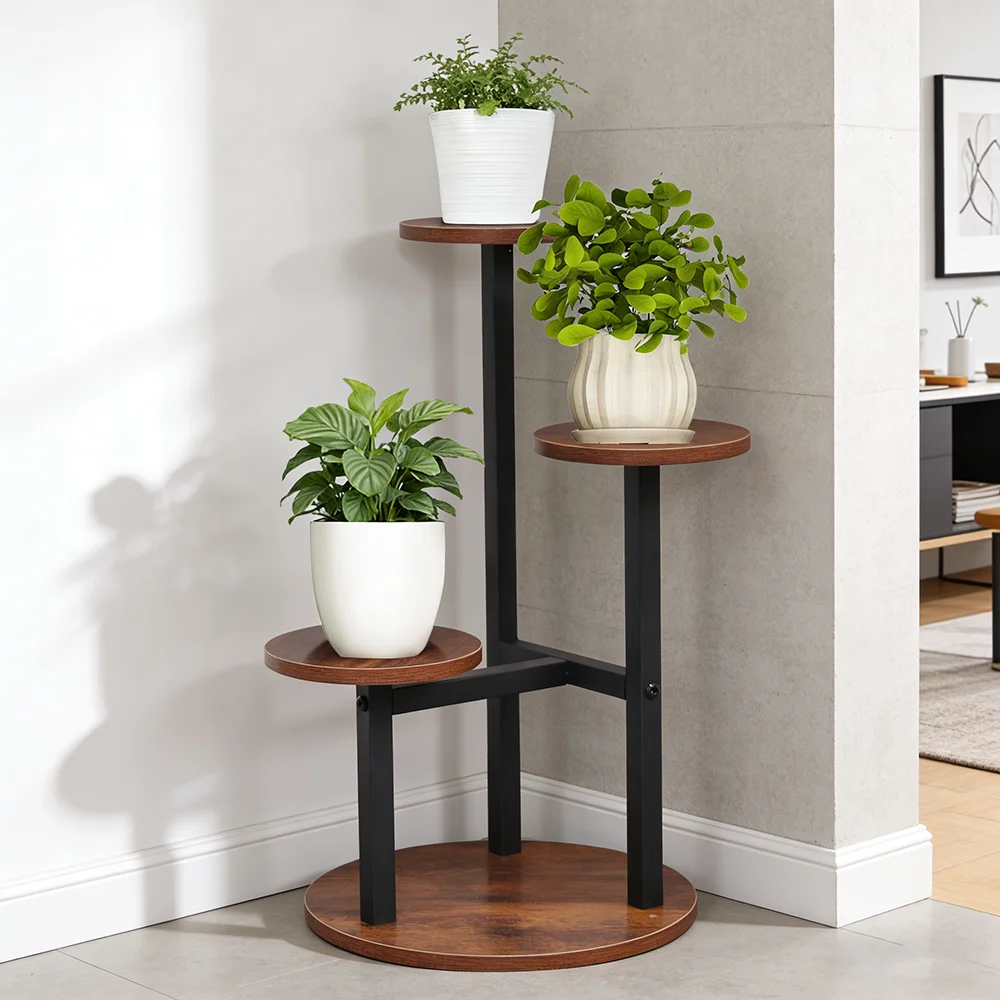 3-stöckiger Rustikaler Holz- & Metall-Pflanzenständer - Robustes Eck-Blumenregal für Innenräume, Wohnzimmer & Balkon - Hohes Pflanzen-Präsentationsregal Image