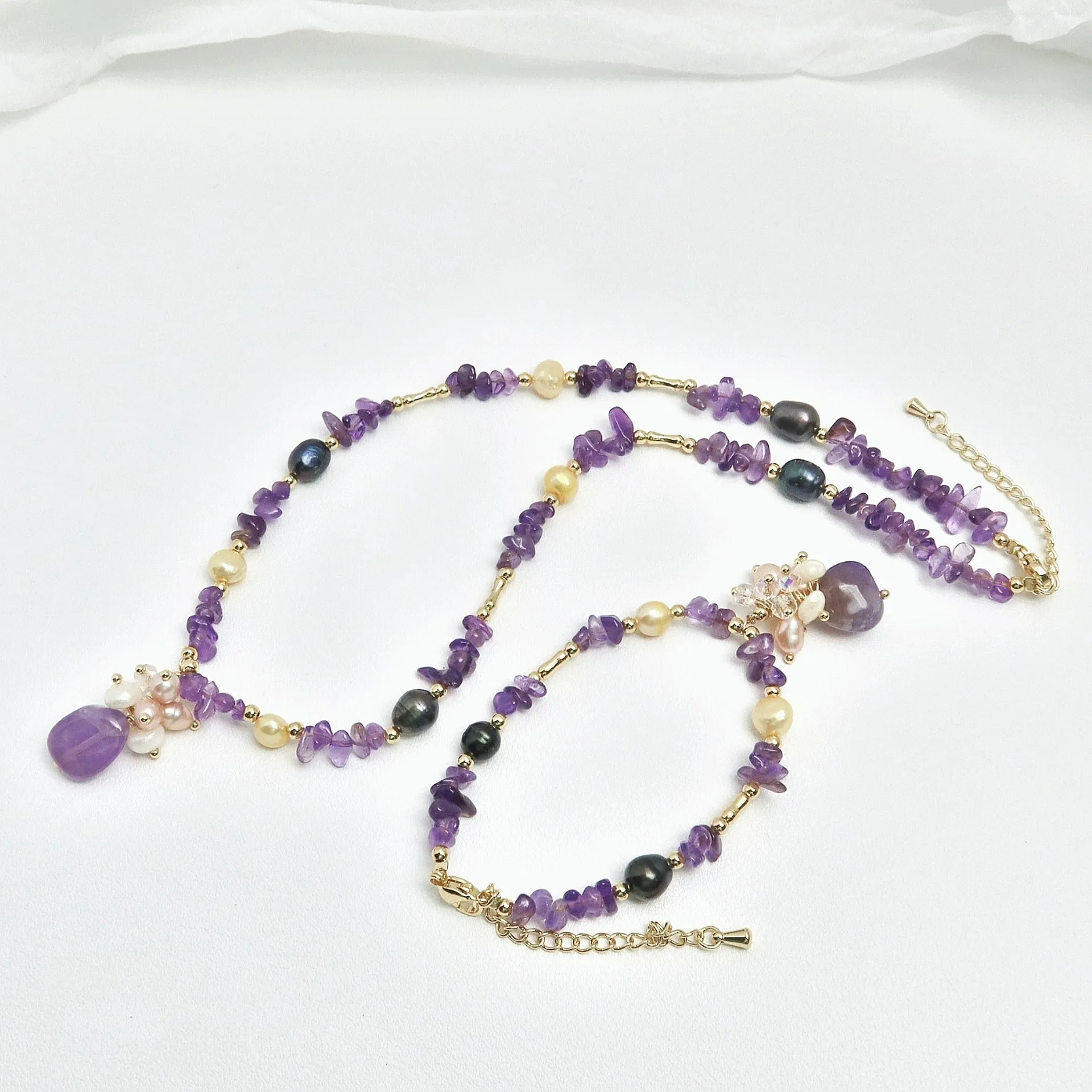 Set di gioielli da donna in oro 14 carati con perle d'acqua dolce naturali di cristallo viola irregolare, bracciale da donna, collana, regali di Capodanno economici