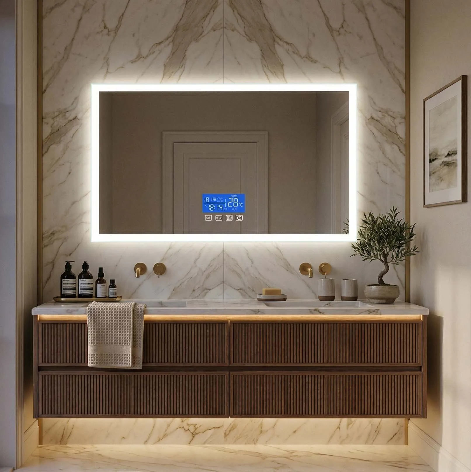 Badezimmerspiegel LED 100x60cm, LCD-Bildschirm mit Temperatur- und Zeitanzeige, Antibeschlag-Funktion, 3 Farbtemperaturen, einstellbare Helligkeit