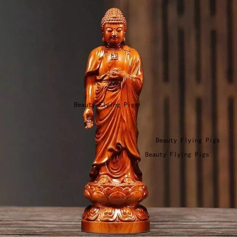 Hohe 13/17/27 cm Holzschnitzerei Die Buddha-Figur Amitabha Statue Skulptur Heimdekoration Holzhandwerk Kunst Ornament Geschenke