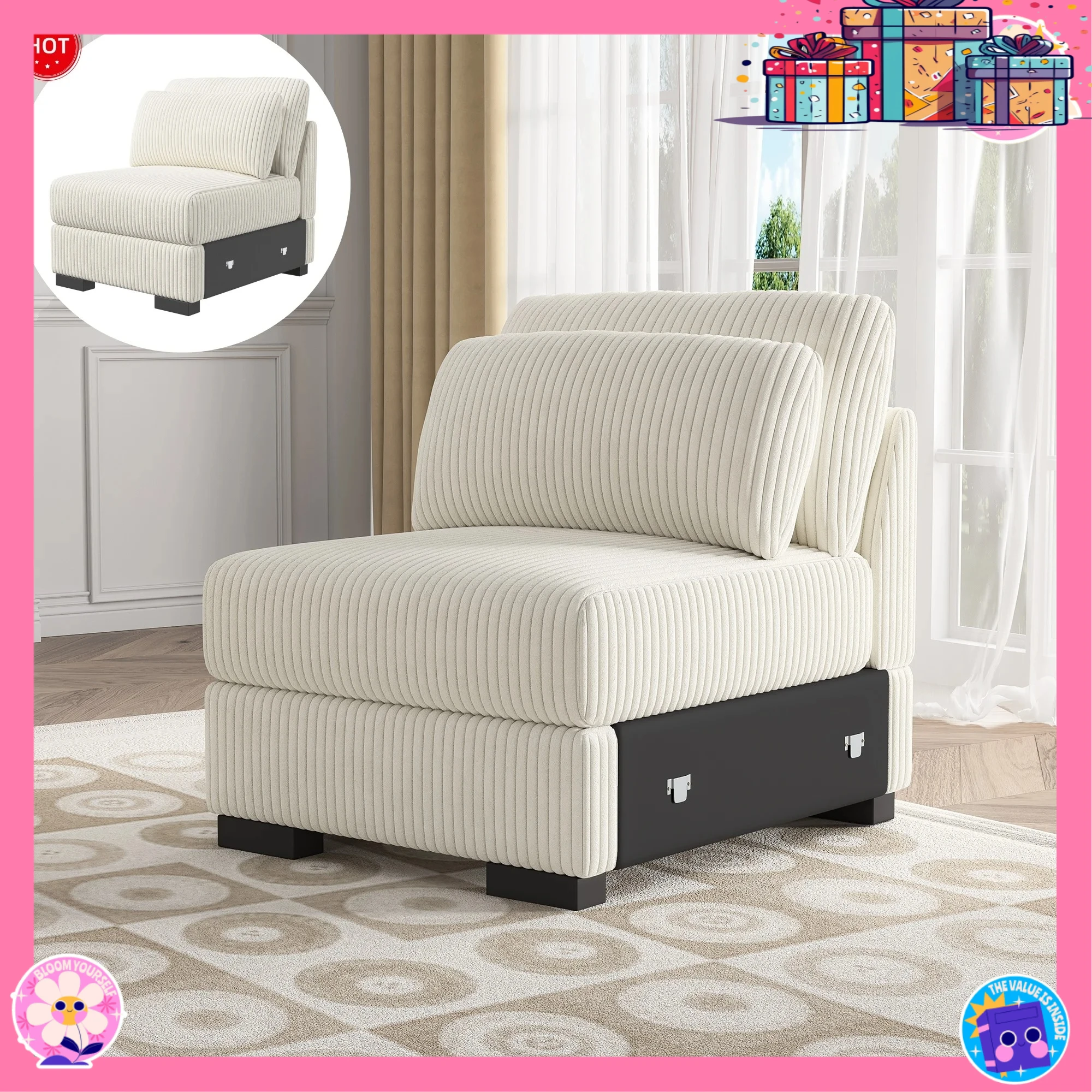 Anajqaqia Modulares Sofa, gepolstertes Sofa aus Cordstoff mit abnehmbaren Kissen und Rückenlehne, Sofa für das Wohnzimmer Image