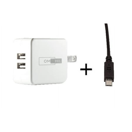 [UL Listed] OMNIHIL 2-Port Wall Charger+15FT-MICRO-USB Cable Compatible with MOTOROLA XOOM 2