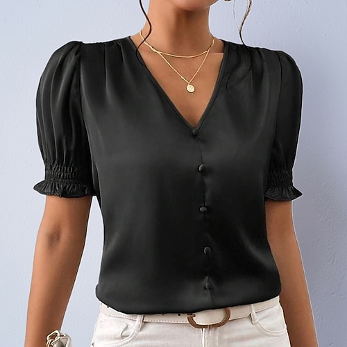 Per donna Camicia camicetta di raso Camicia elegante Tinta unica Semplice Elegante Moda Casual Manica Corta Manica a Palloncino Scollo a V Top Regolari Abbigliamento casual alla moda Ufficio Lavoro
