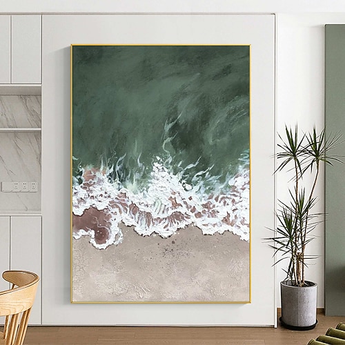 grande dipinto 3D con texture oceanica, dipinto acrilico con cornice verde, dipinto astratto sulla spiaggia, arte murale sul mare, arte murale costiera, dipinto su tela sulla spiaggia, arredamento per la casa