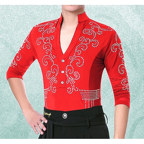 Camicia da ballo latino-americano da uomo rossa con strass, scollo a V profondo, maniche a 3/4, top per esibizioni di ballo da sala