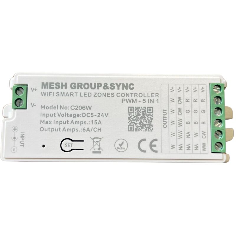 Centralina Controller 5 In 1 Wifi, Rf 2.4g Tuya, Smart Life, Max 15a Tot. (6a/ch) Dc5-24v 360w, Per Striscia Led Mono Colore, Cct, Rgb, Rgbw, Rgbcct