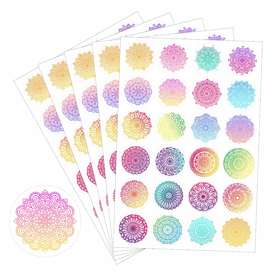 120 Stück runde Aufkleber mit Mandala-Muster – dekorative Etiketten mit Farbverlauf für Scrapbooking, Tagebücher, Karten, Geschenkverpackungen. Image