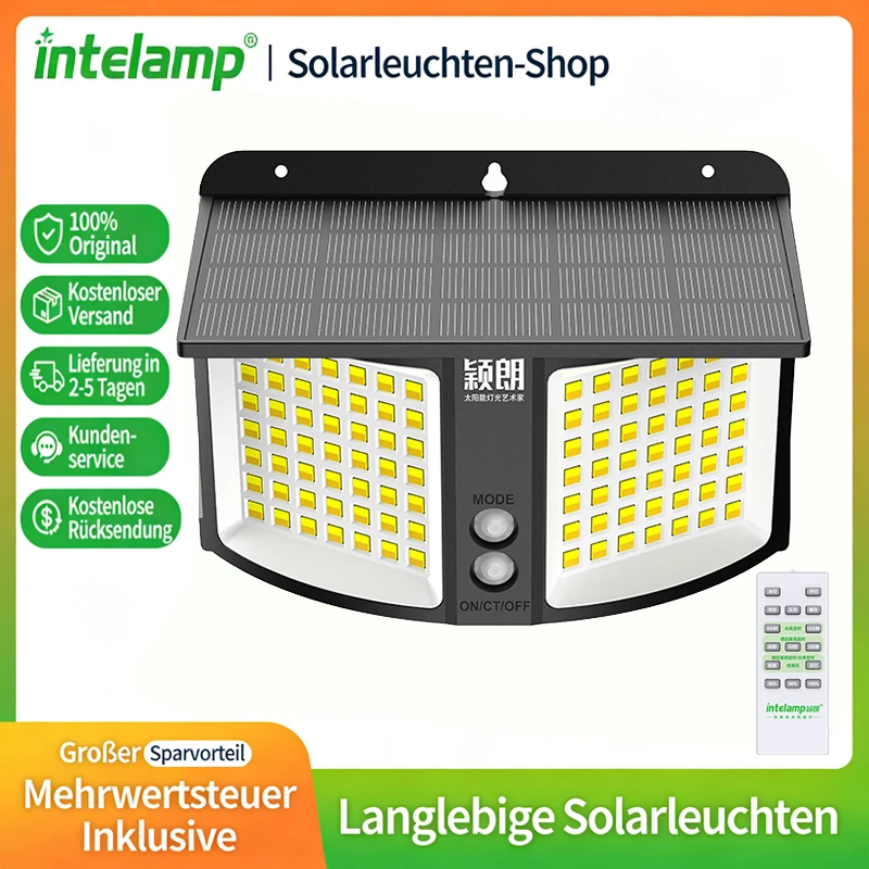 Intelamp Solarleuchten für den Außenbereich, Radar-Bewegungssensor, 3 Farben, dimmbar, IP65, wasserdicht, Solar-Straßenleuchte für Garten, Hof, Weg, Garage solar lampe led solar außenleuchte solar led