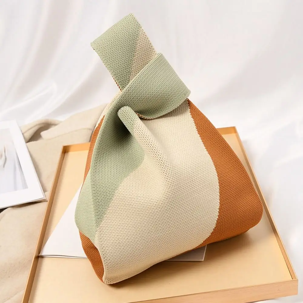 Borsa a tracolla riutilizzabile da donna e ragazza, borsa a mano in maglia, borsa da polso con nodo fatto a mano